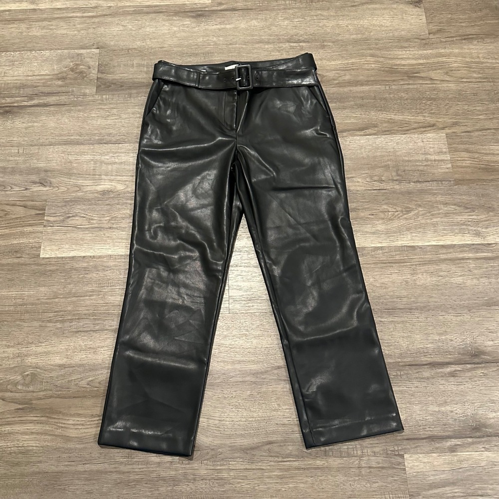 LOFT Riviera Slim Faux Leather Pants Womens 10 Black Belted Straight Leg NWT